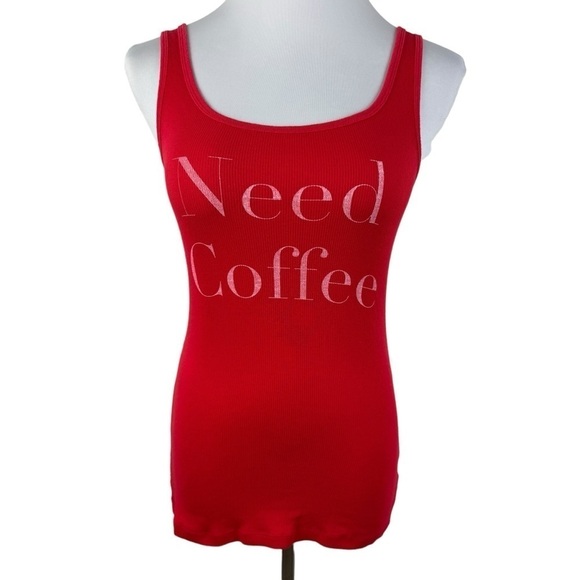 Old Navy 2 Tank Tops Red Ribbed "Need Coffee" and Navy Blue Tank Women's Medium - Picture 2 of 12